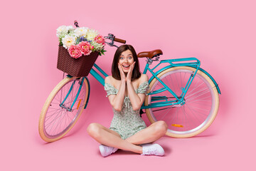 Poster - Full size photo of funky lady sit near bicycle wear dress shoes isolated on pink color background