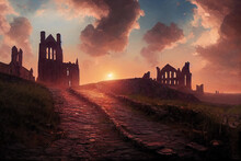 AI Generated Image Of A Dramatic Sunset At Whitby Abbey 199 Steps, UK