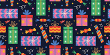 Holiday Seamless Pattern With Different Gift Boxes, Cartoon Style. Christmas, Birthday Print In Vibrant Colors On A Dark Background. Trendy Modern Vector Illustration, Hand Drawn, Flat