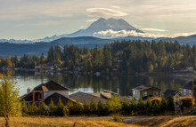 Scenic View Of Clear Lake, Washington, With Mount Rainier In The Distance