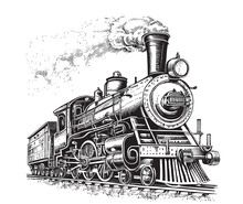 Steam Locomotive Old Retro Sketch Hand Drawn Side View.Vector Illustration.