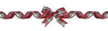 Red, Green And White Plaid Christmas Gift Bow And Ribbon. Long Border, Curled, Isolated On A White Background.