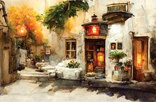 Street Of A Greek Village, European Old Town, White House, Watercolor Painting