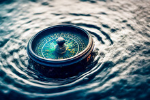 A Vintage Compass Is Adorning The Surface Of The Water, Sea, Or Ocean. It Symbolizes Travel And Marine Exploration. Use It To Navigate On The Water To Avoid Getting Lost.