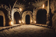 Environment with medieval catacombs with covered floors, with torches inside the cave. Mystical concept
