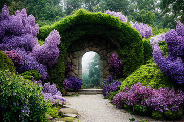 A beautiful secret fairytale garden with flower arches and colorful greenery