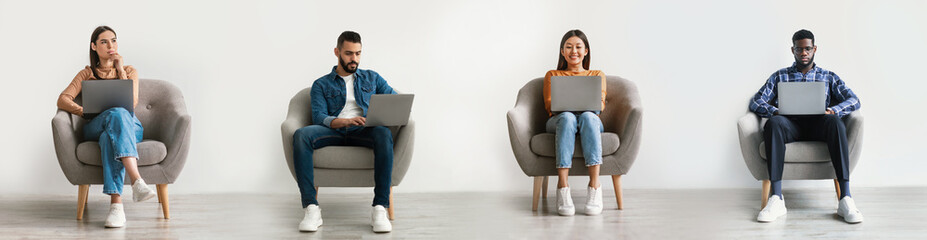 Sticker - Remote Work. Diverse Young People Using Laptops While Sitting In Armchair, Collage