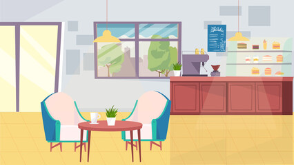 Wall Mural - Coffee shop interior concept in flat cartoon design. Barista table with coffee machine, menu, showcase with desserts, table with armchairs, door and window. Illustration horizontal background