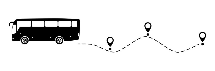 Wall Mural - bus icon with line start point. bus driving on dotted route with map pin. vector isolated on white.