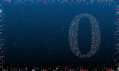 On the right is the number zero symbol filled with white dots. Pointillism style. Abstract futuristic frame of dots and circles. Some dots is red. Vector illustration on blue background with stars