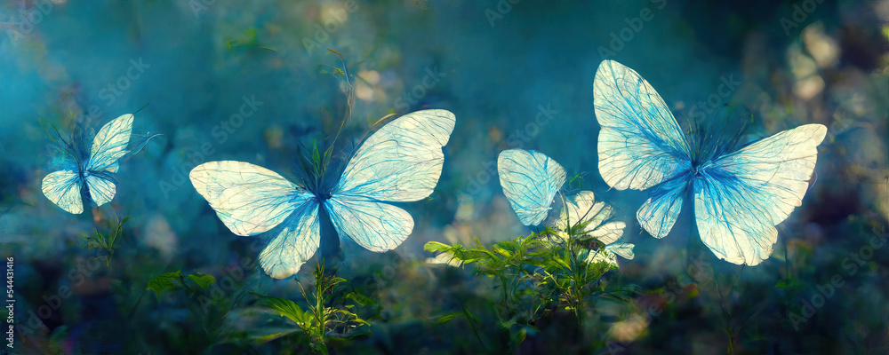 Beautiful big blue butterflies in a magical garden with morning mist ...