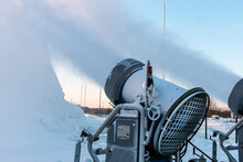 Snow Cannons Spray Artificial Snow Crystals. Artificial Snow System. Snow Guns. Cars Make Snow.