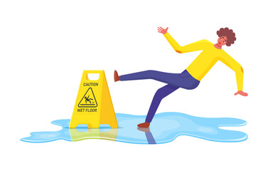 Wall Mural - Wet floor. Falling man slips in water, slipping and downfall, injured unbalanced character, personal injury, dangerous dropping, caution danger yellow sign cartoon vector concept.