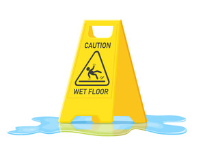 Wall Mural - Wet floor caution sign and water puddle isolated on white background, Public warning yellow symbol clipart. Slippery surface beware plastic board design element. Falling human pictogram.