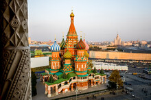 Red Square In Moscow With St Basils Cathedral Temple. Panoramic View From Kremlin Wall And Tower