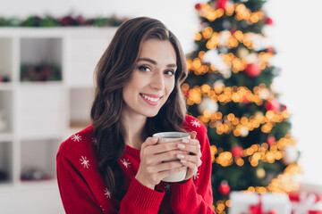 Poster - Closeup portrait photo of cute attractive young sweet lady curly brown hairstyle hold mug with hot tea smiling look you enjoy atmosphere indoors