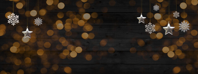 Aufkleber - Christmas ornaments celebration holiday background banner template greeting card panorama - Hanging white ice crystals and silver stars on dark black wooden wall texture and golden bokeh lights