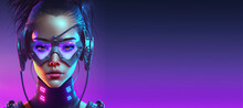 Cyborg Woman In Cyberpunk Style. Robot In A Suit, With A Haircut 3d Illustration
