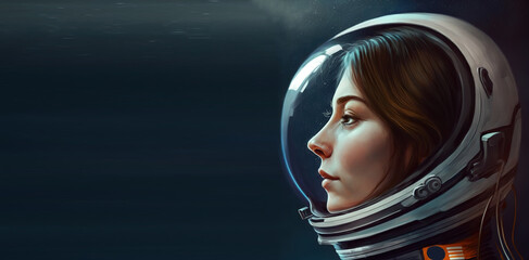 Wall Mural - Astronaut or cosmonaut helmet close up, side view, face of a woman in a helmet , AI