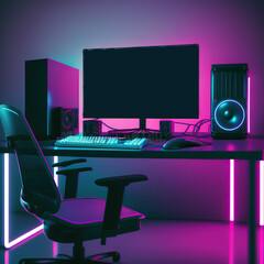 Fototapete - Computer gaming pc on a gaming table in a dark room with neon lights and a gaming chair 3d illustration
