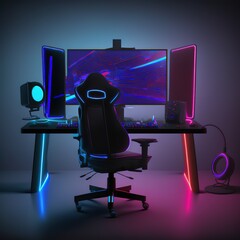 Fototapete - Computer gaming pc on gaming table in dark room with neon purple lights and gaming chair 3d illustration