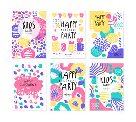 Wall Mural - Happy Kids Birthday Party Poster and Invitation Card with Bright Blots Vector Set