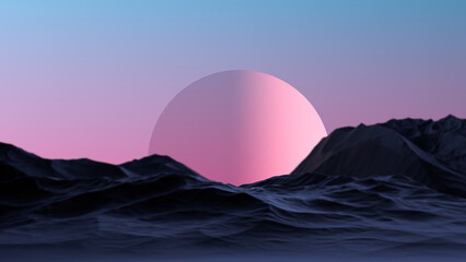 Futuristic landscape with a planet on the horizon in pink. Fantastic landscape mountains and planet. 3D render.
