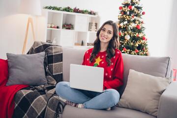 Sticker - Photo of relaxed cute positive lady home working remote computer choose new present for her family xmas atmosphere sitting comfortable sofa indoors