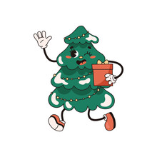 Christmas Green Tree With Happy Smiling Face, Gift, Isolated On White Background. Christmas Tree Happily Waves His Hand In Greeting. Groovy Retro Christmas Vector Illustration. Holly Jolly Vibes.