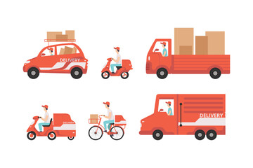 Sticker - Delivery Man in Cap Driving Truck and Car Carrying Cardboard Boxes and Parcels Vector Set