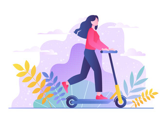 Woman with scooter. Young girl travels, active lifestyle and vacation. Sports and cardio training, fat burning. Character rest at city park. Poster or banner. Cartoon flat vector illustration