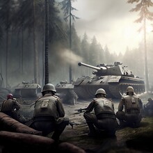 Battle In A World War, Soldiers Sitting Down In From Of Tanks Artillery, War Concept Digital Illustration