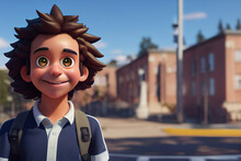 Happy Positive Teen Or Young Man In High School Smiling With Packpack On His Shoulders With Copy Space, Digital Painting In 3D Cartoon Movies Style