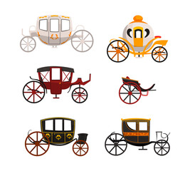 Sticker - Antique Carriage or Chariot as Four-wheeled Vehicle with Footplate and Hood Vector Set