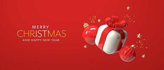 Poster - Christmas gift box with baubles - 3D render