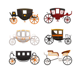 Sticker - Antique Carriage or Chariot as Four-wheeled Vehicle with Footplate and Hood Vector Set