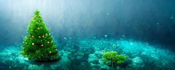 illustration of a decorated christmas tree under water in a reef for a unique christmas greetings card