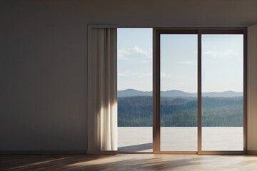 Minimal style modern white empty room with open sliding door to terrace 3d render overlooking nature view background