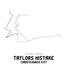 Taylors Mistake, Christchurch City, New Zealand. Minimalistic Road Map With Black And White Lines