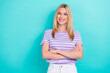 © deagreez - Photo of confidant pretty girlish woman with straight hairstyle wear striped t-shirt hands crossed isolated on blue color background