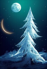 Wall Mural - illustration of a frozen christmas tree in a cold night with beautiful moonlight in blue colors for a christmas greetings card