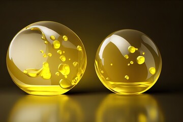 Sticker - Golden yellow bubble oil or serum isolated on yellow background. concept skin care cosmetics solution. 3d rendering.