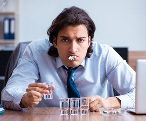 Poster - Male employee drinking vodka and smoking cigarettes at workplace