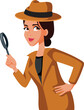 Detective Woman Holding a Magnifying Glass Looking for Evidence. Female inspector observing and analyzing clues to solve a case
