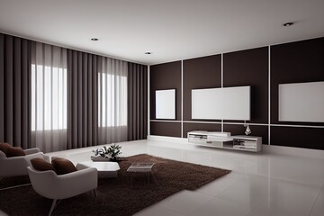 Poster - moderm style empty white wall living room decorate with brown lounge chair 3d render There are empty white wall with large open folding doors, The curtains swayed with the wind blowing into the room