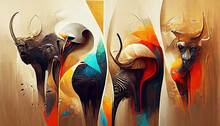 Surreal African Animals In The Picture. Stylized Abstract Animals Living In Africa. Digital Illustration.
