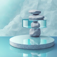 Sticker - Stone podium on blue water glass background. Concept of shop product or cosmetic display stands, skincare and medicine advertisement mock up. High quality 3d render.