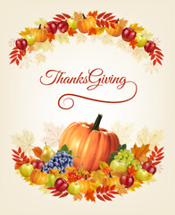 Aufkleber - Happy Thanksgiving Background with colorful leaves, pumpkins and fresh fruits. Vector.