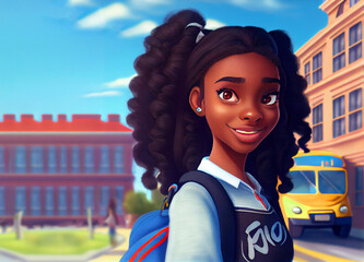 Wall Mural - beautiful generic teen african american girl character portrait with school bus in the background, digital painting in 3D cartoon movies style