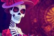 © AkuAku - 3D Rendering Catrina skeleton in red dress and hat holding a sugar skull with hand drawn flowers behind on purple background